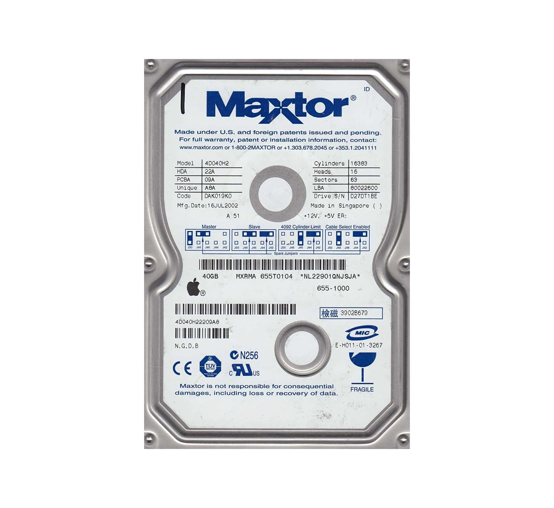 4D040H22209A8 - Maxtor DiamondMax D540X 40GB 5400RPM ATA-100 2MB Cach…