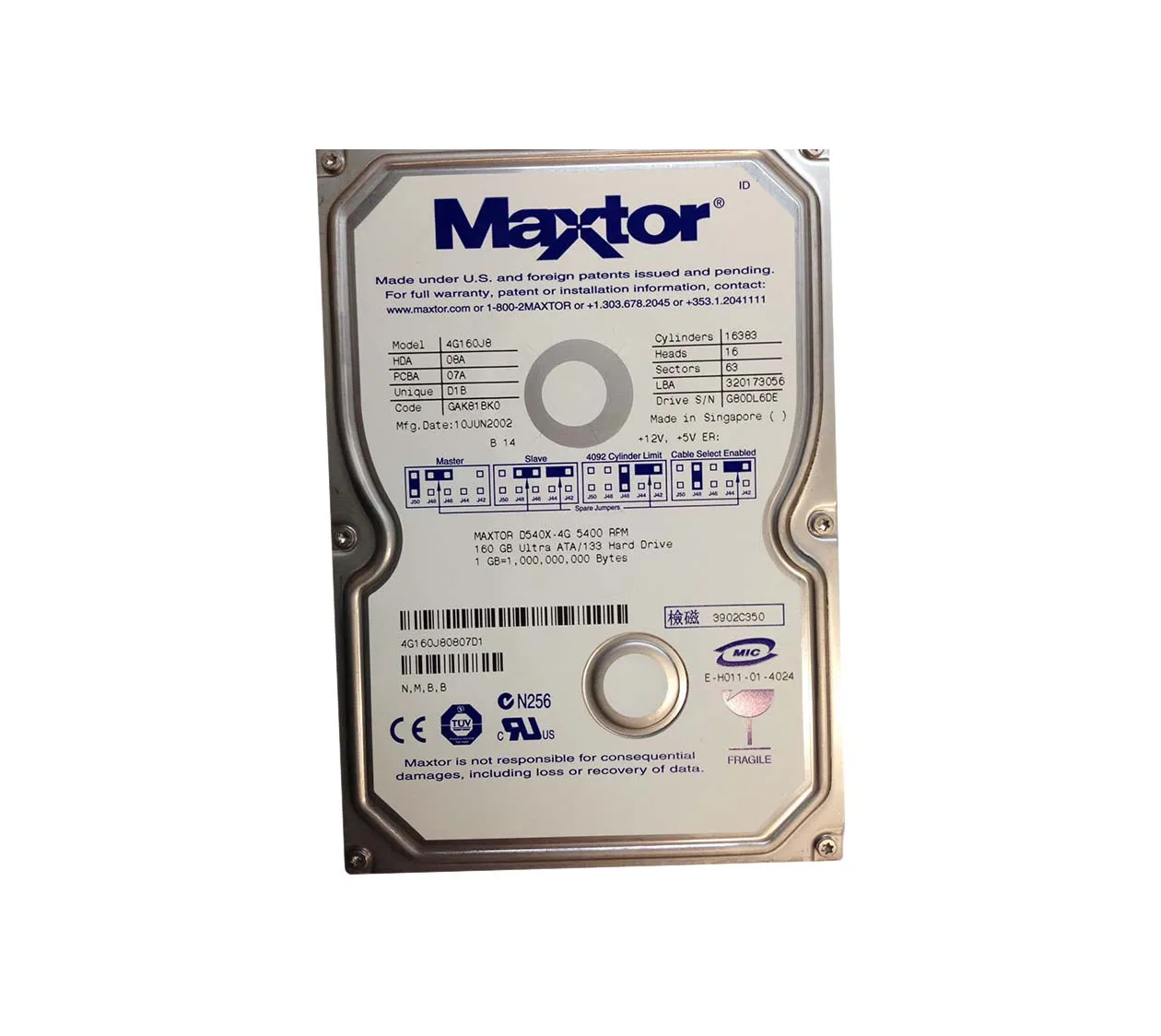 4G160J80807D1 - Maxtor DiamondMax D540X 160GB 5400RPM ATA-133 2MB Cac…
