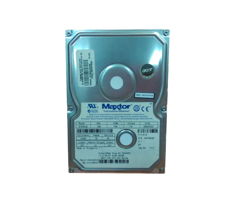51024U2 - Maxtor 10.2GB 7200RPM 2MB Cache ATA/IDE Ultra- Dma-66 3.5-i…