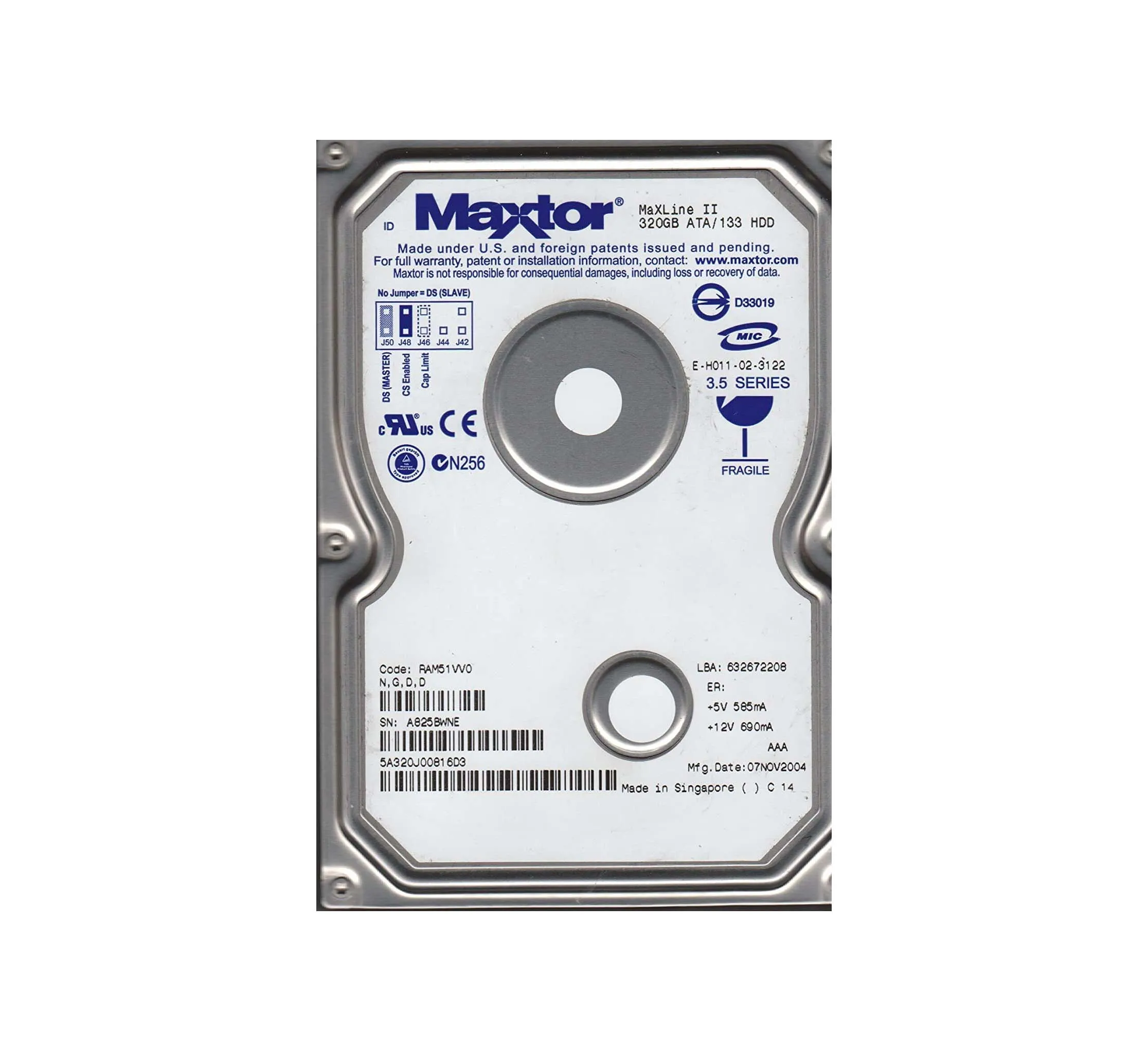5A320J0-0816D3 - Maxtor MaXLine II 320GB 5400RPM ATA-133 2MB Cache 3.…