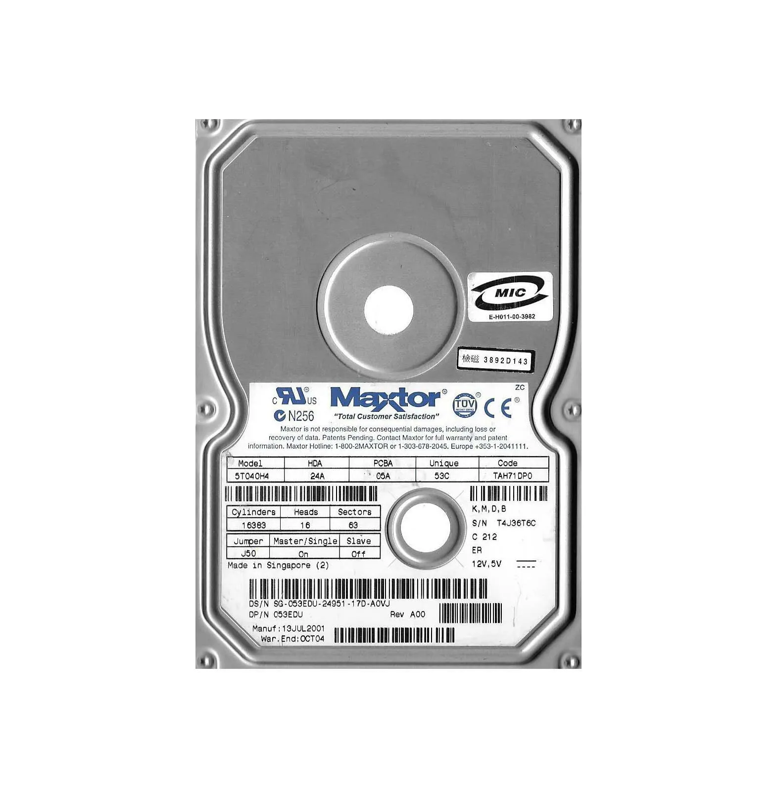 5T040H4 - Maxtor DiamondMax Plus 60 40GB 7200RPM ATA-100 2MB Cache 3.…