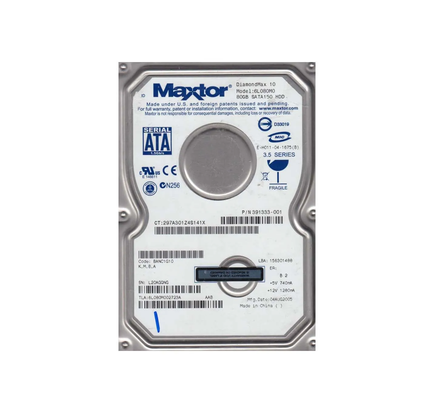 6L080M002723A - Maxtor 80GB 7200RPM SATA 3.5-inch Hard Drive