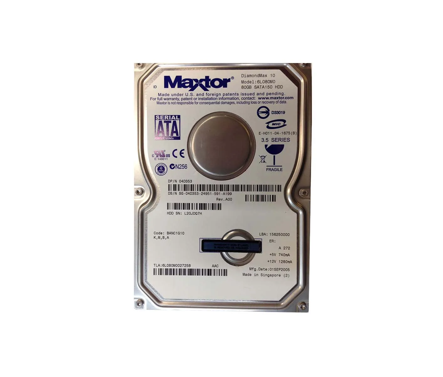 6L080M002725B - Maxtor DiamondMax 10 80GB 7200RPM SATA 1.5Gb/s 8MB Ca…