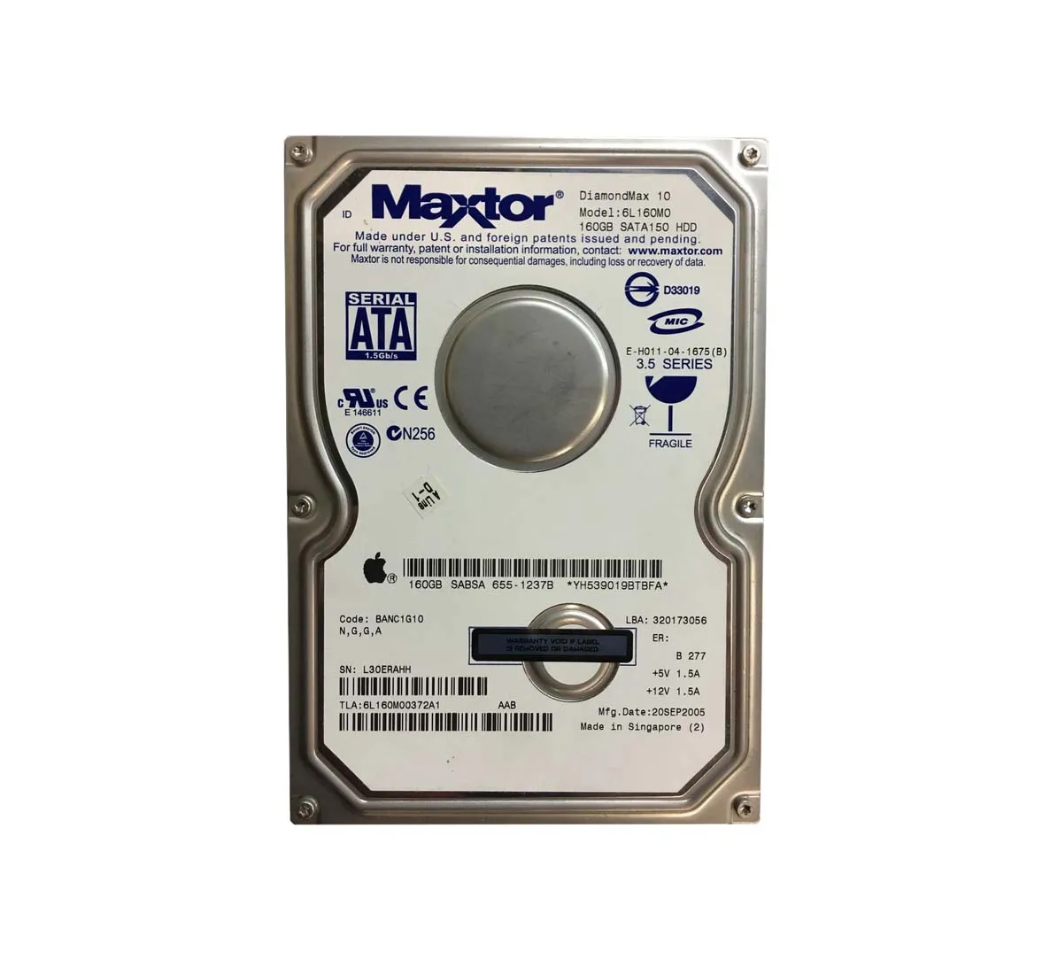 6L160M00372A1 - Maxtor DiamondMax 10 160GB 7200RPM SATA 1.5Gb/s 8MB C…
