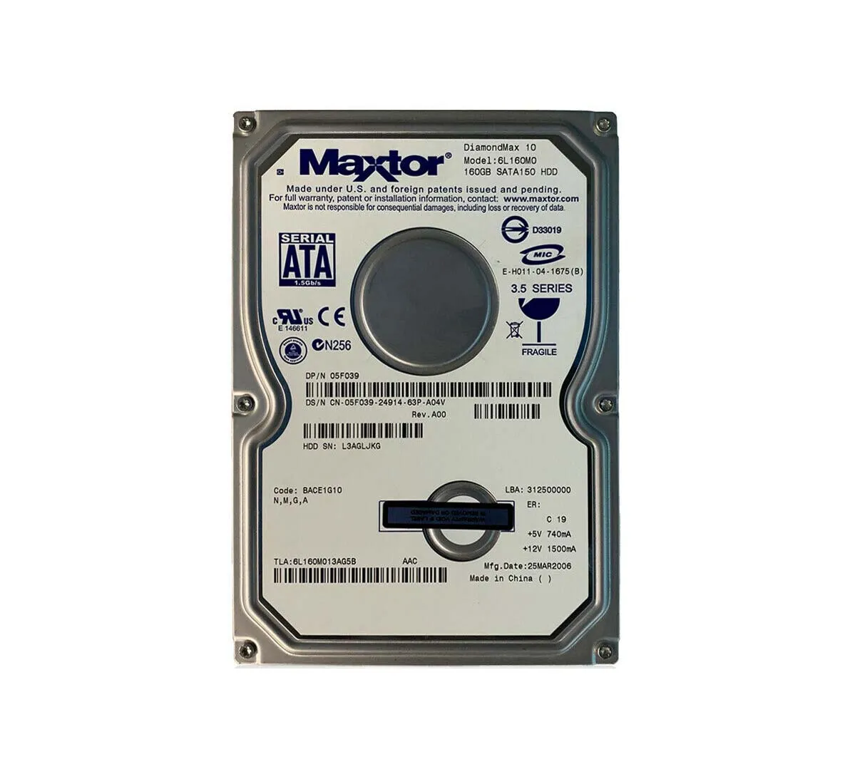 6L160M013AG5B - Maxtor DiamondMax 10 160GB 7200RPM SATA 1.5Gb/s 8MB C…