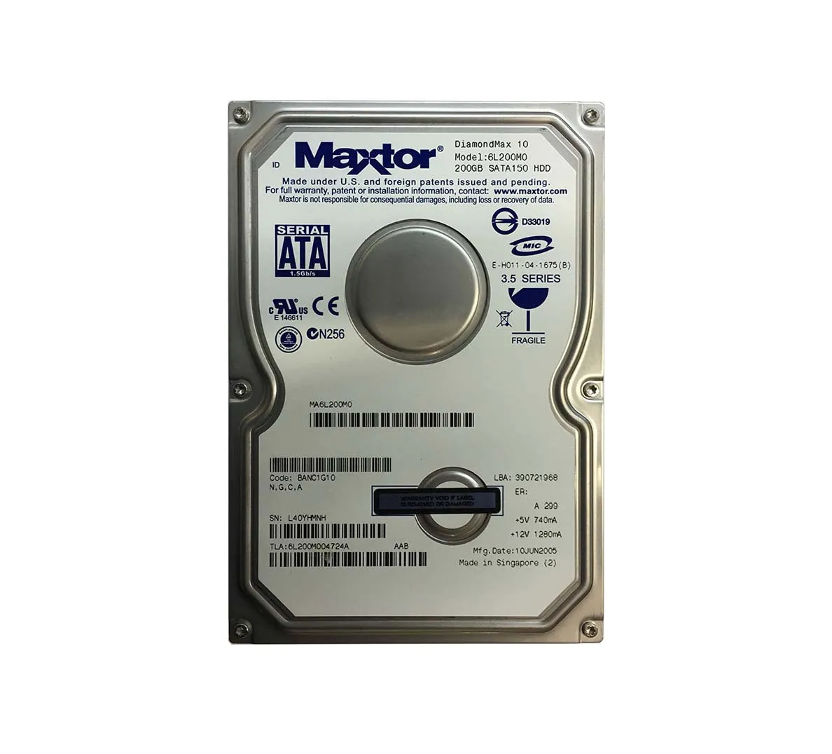 6L200M004724A - Maxtor DiamondMax 10 200GB 7200RPM SATA 1.5Gb/s 8MB C…