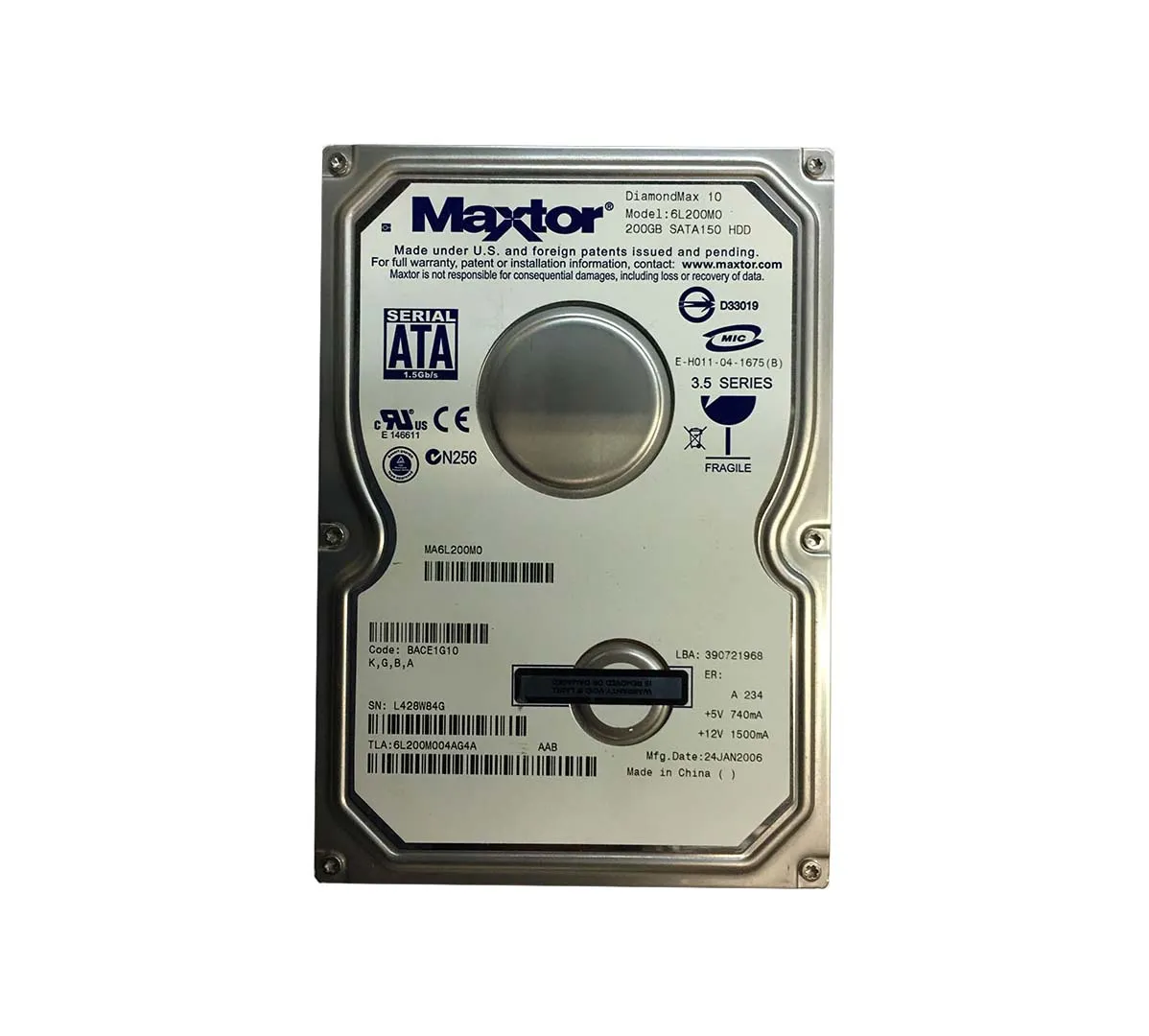6L200M004AG4A - Maxtor DiamondMax 10 200GB 7200RPM SATA 1.5Gb/s 8MB C…
