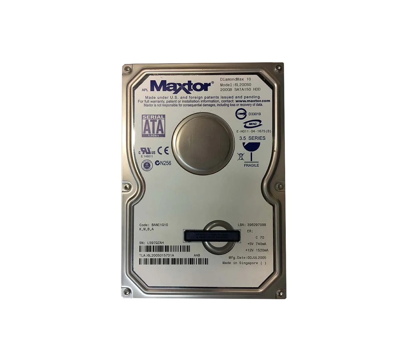 6L200S015731A - Maxtor DiamondMax 10 200GB 7200RPM SATA 1.5Gb/s 16MB …