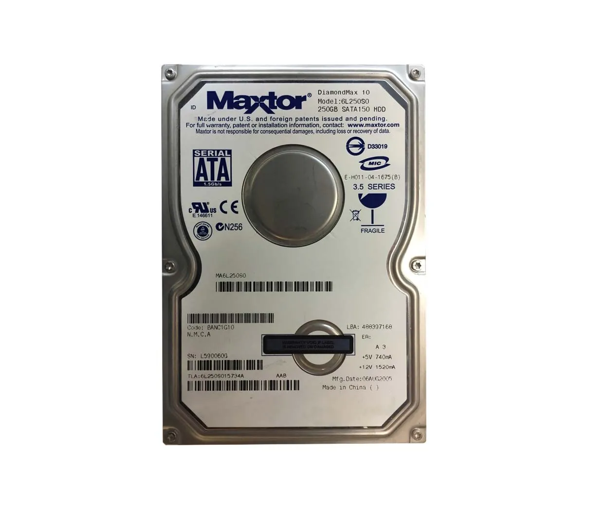 6L250S015734A - Maxtor 250GB 7200RPM SATA 3.5-inch Hard Drive