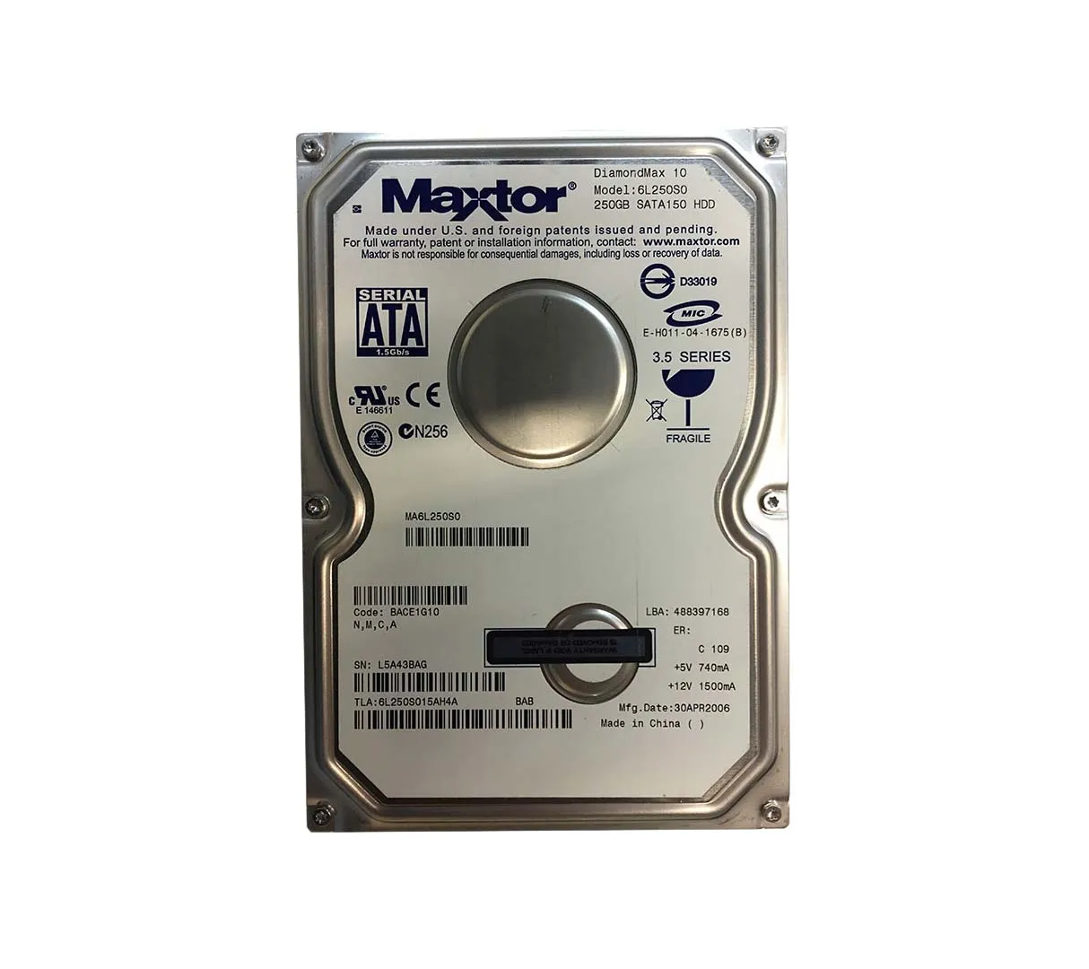 6L250S015AH4A - Maxtor DiamondMax 10 250GB 7200RPM SATA 1.5Gb/s 16MB …