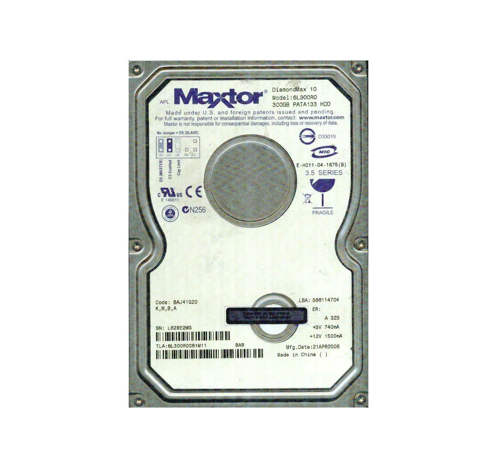 6L300R0061M11 - Maxtor DiamondMax 10 300GB 7200RPM ATA-133 16MB Cache…