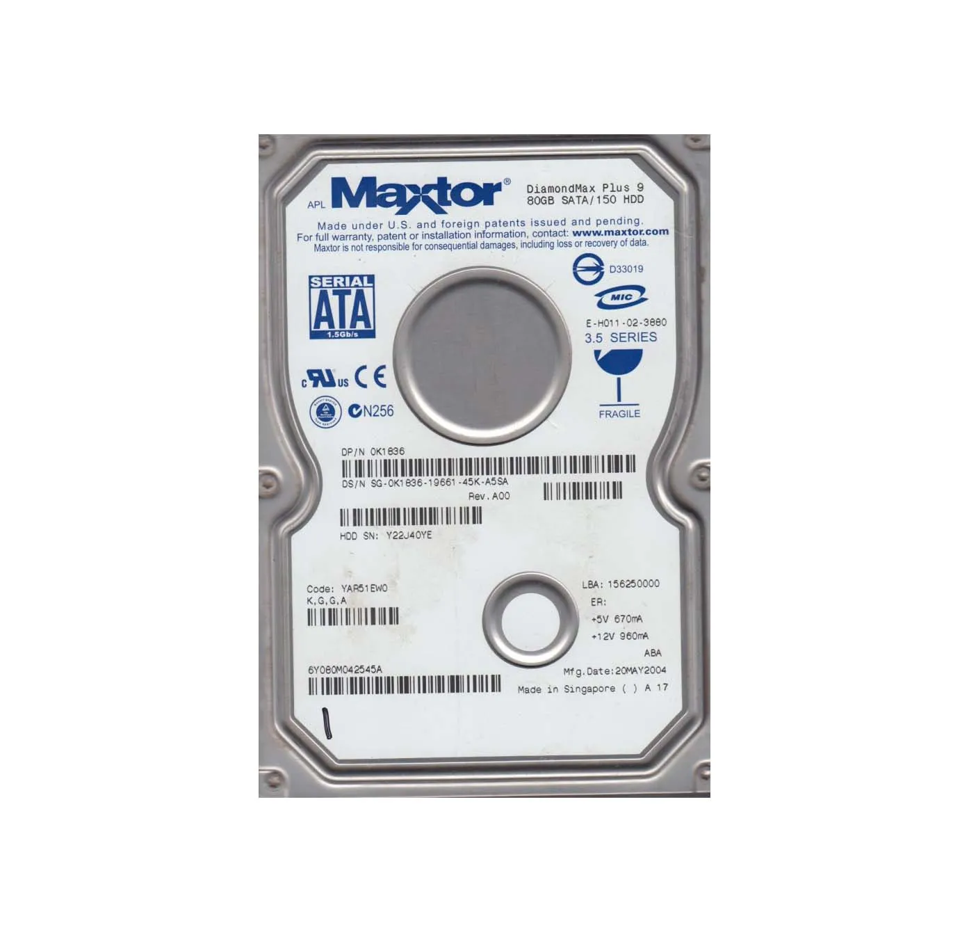6Y080M0-42545A - Maxtor 80GB 7200RPM SATA 1.5Gb/s 3.5-inch Hard Drive