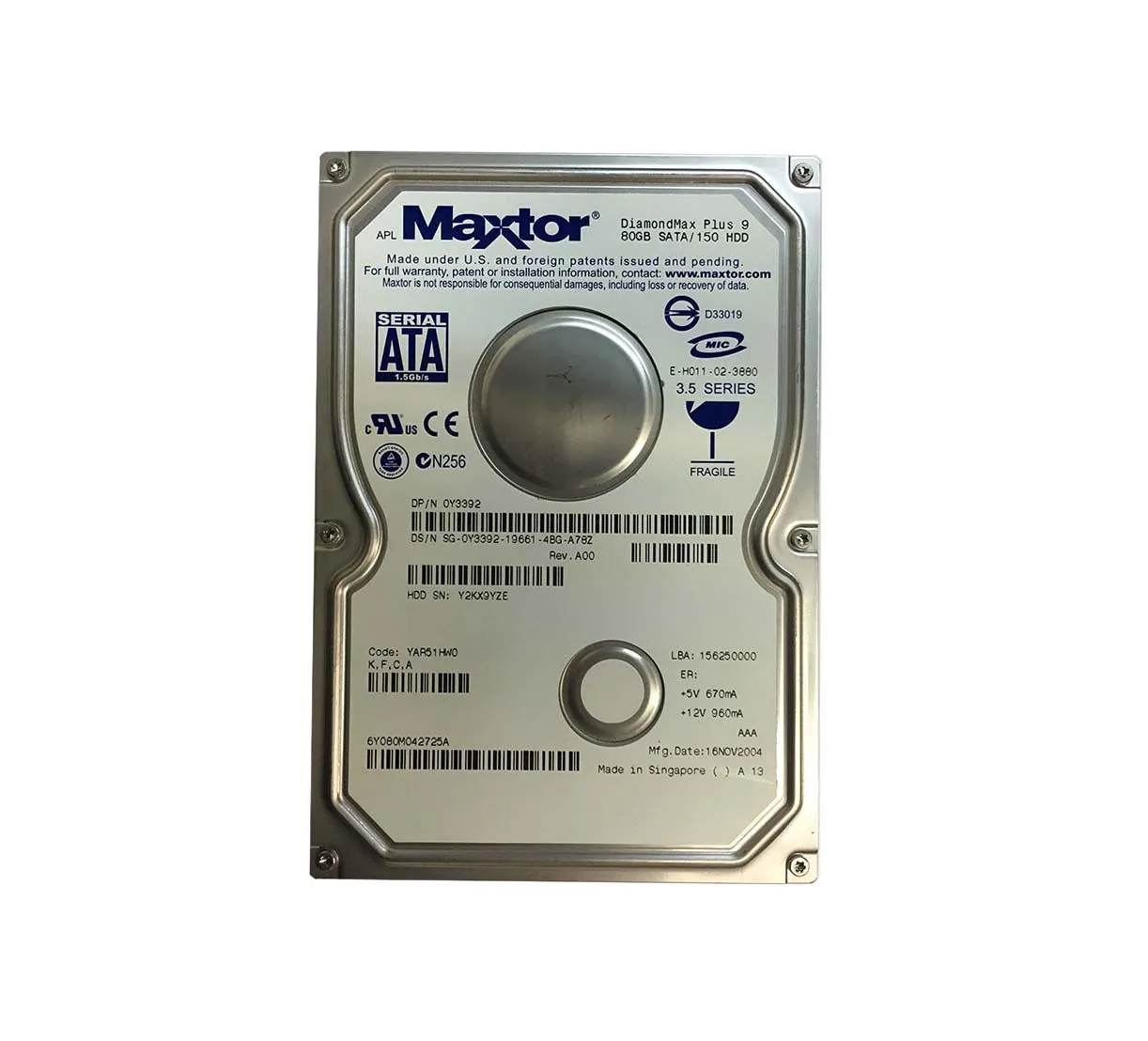 6Y080M042725A - Maxtor DiamondMax Plus 9 80GB 7200RPM SATA 1.5Gb/s 8M…