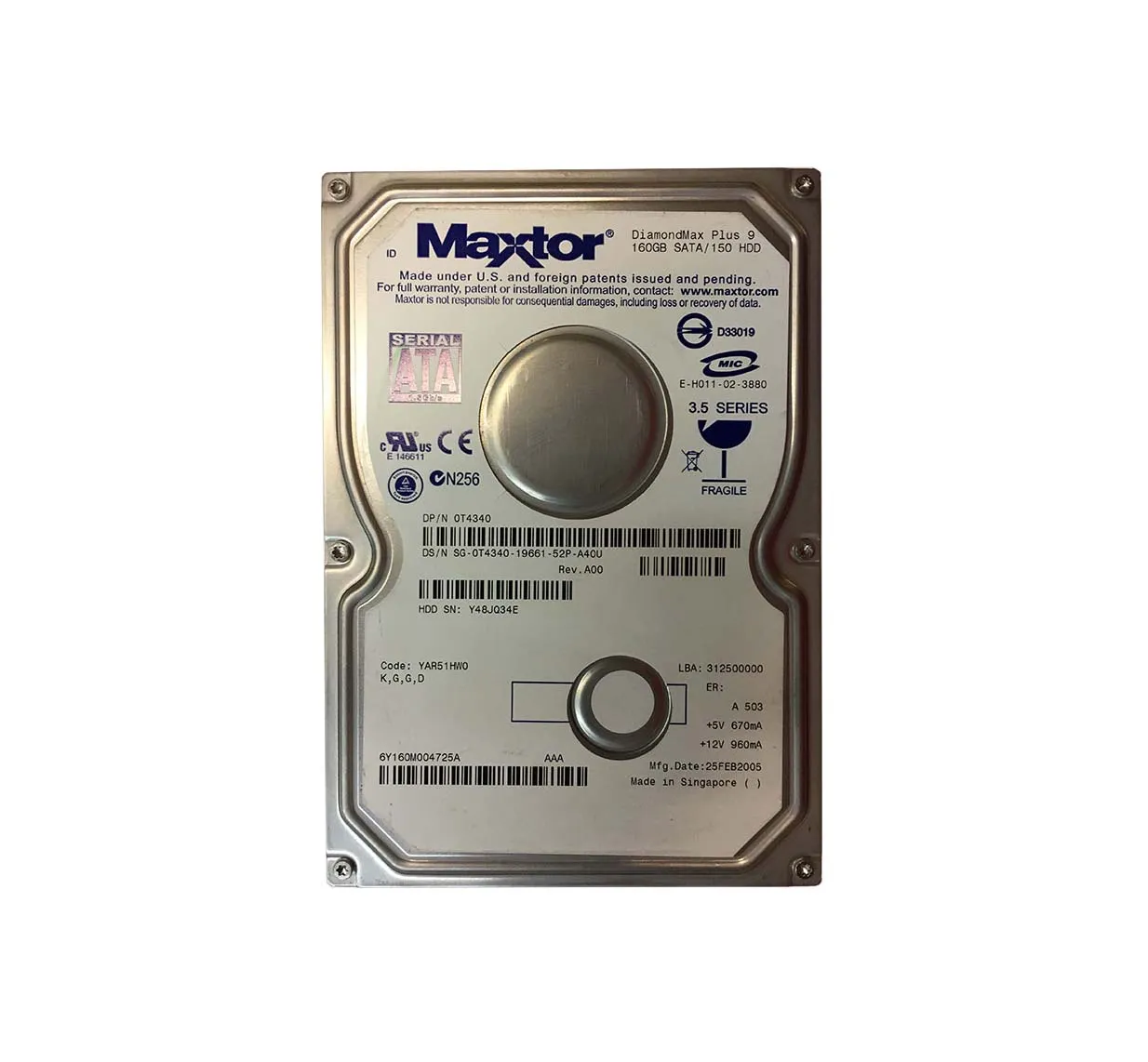6Y160M004725A - Maxtor DiamondMax Plus 9 160GB 7200RPM SATA 1.5Gb/s 8…
