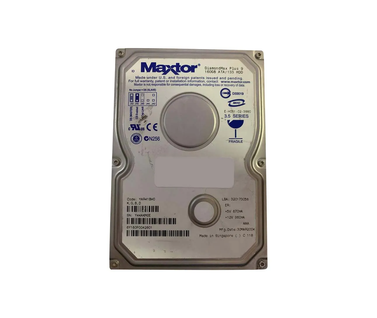 6Y160P0042801 - Maxtor DiamondMax Plus 9 160GB 7200RPM ATA-133 8MB Ca…