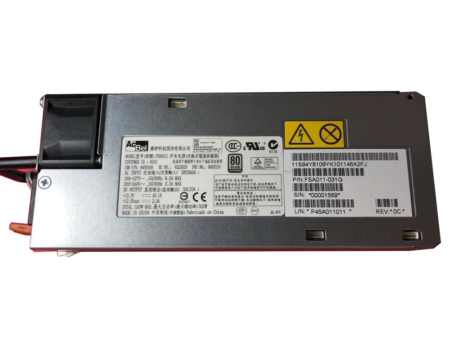 IBM 94Y8109 550W 80 Plus Platinum HOT SWAP Power Supply X3650 M4 X3550 M4 X3300 M4 43X3312 Fonte IBM 94Y8109 550W 80 Plus Platinum