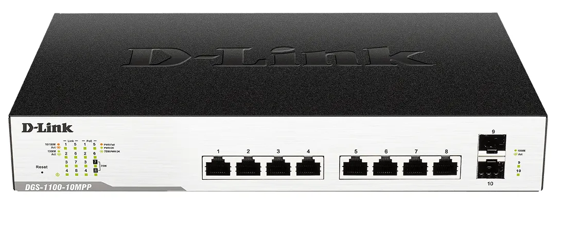 DGS-1100-10MP - D-Link 10-Port 10/100/1000 (PoE+) Unmanaged Gigabit E…