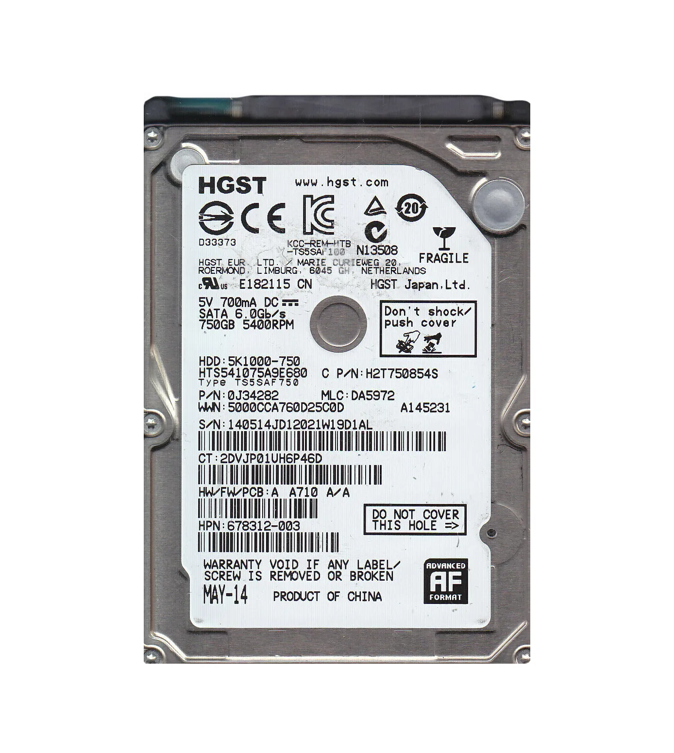 HTS541075A9E680 HGST Travelstar 5K1000 Series 750GB 5400RPM SATA