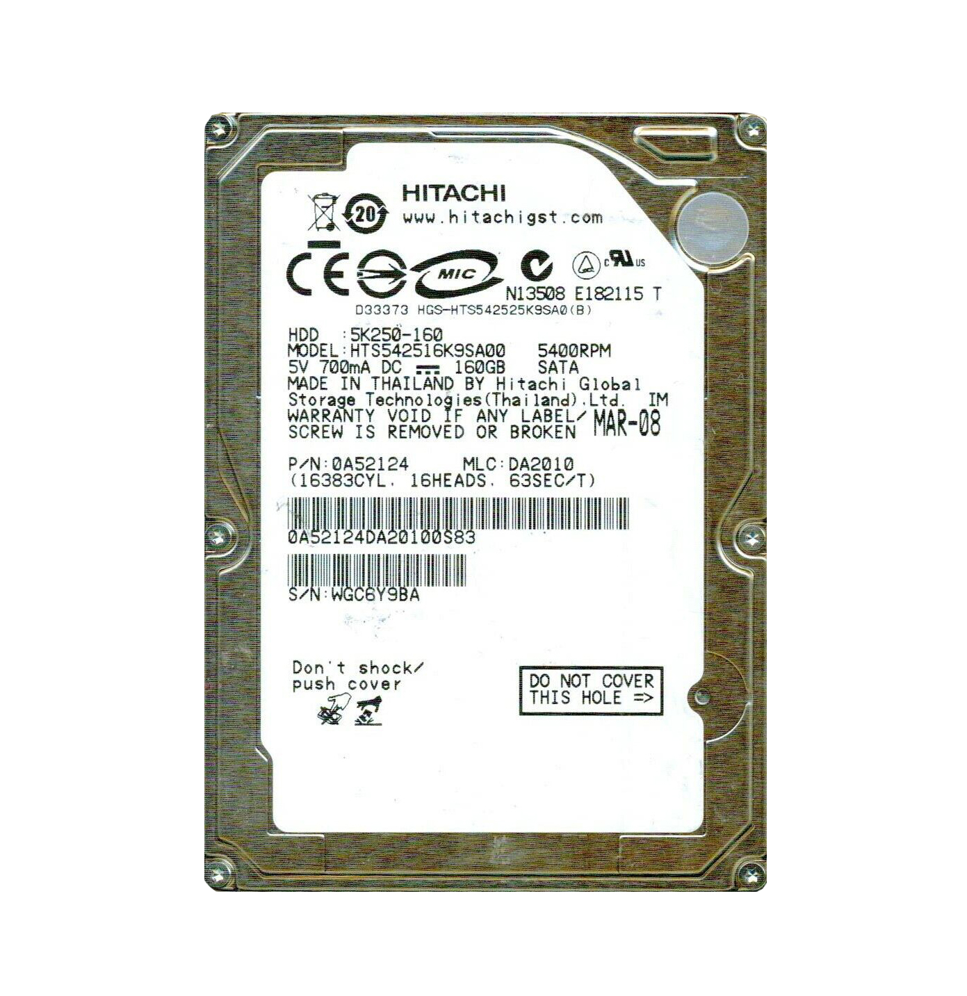 HTS542516K9SA00 - Hitachi Travelstar 5K250 Series 160GB 5400RPM SATA 1 ...