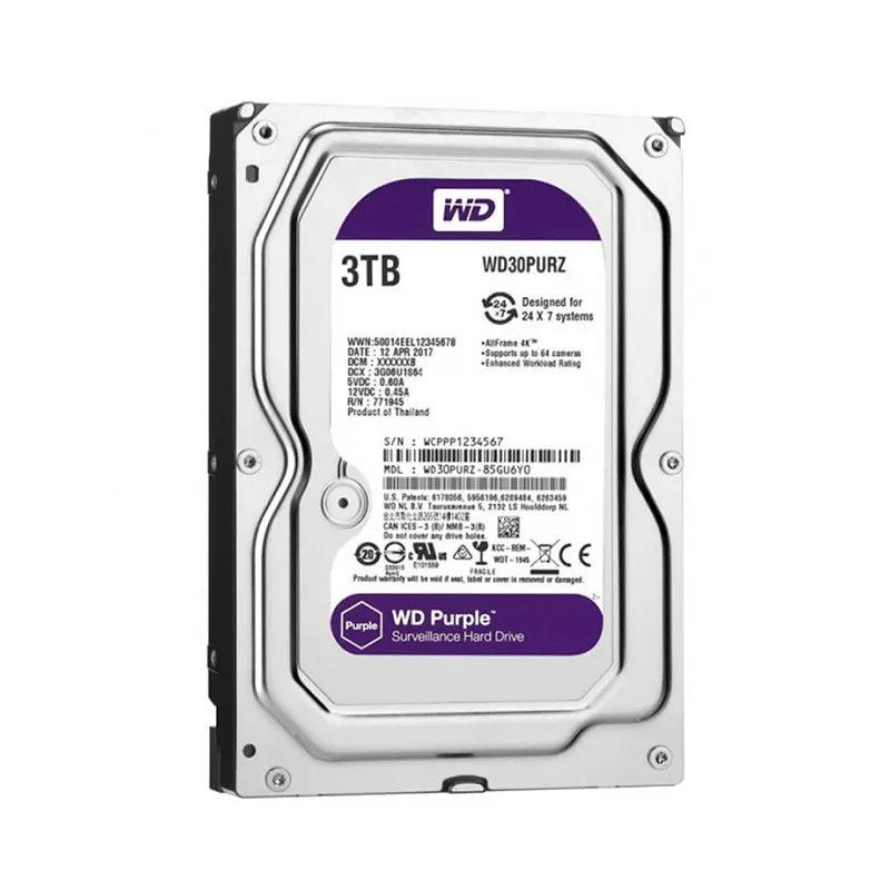 Hard Disk WD Purple 3TB 3.5" SATA 6Gb/s 5400RPM 256MB Cache – Ricondizionato Per Sorveglianza